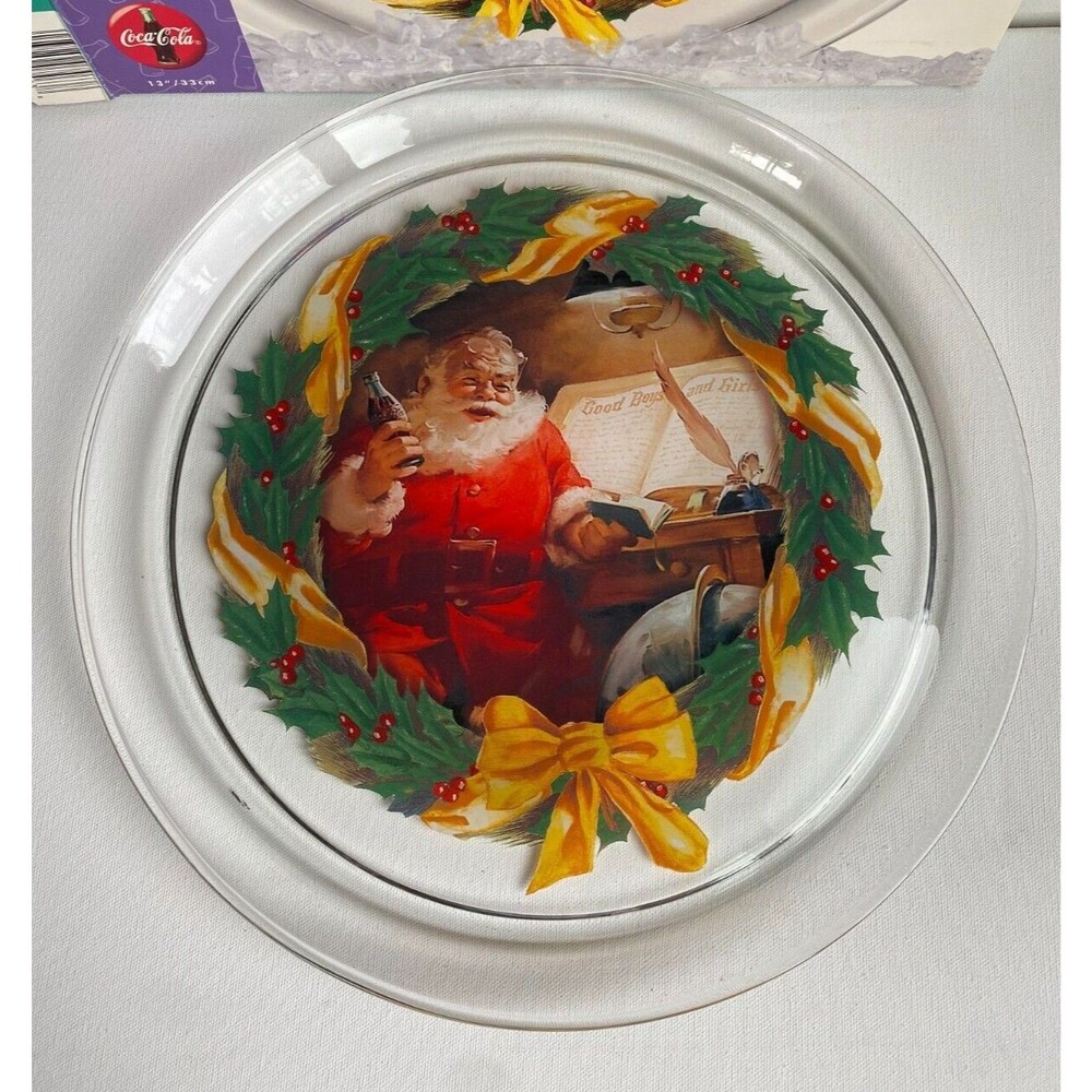 Vintage Indiana Glass 13 Inch Coca Cola Santa Christmas Plate Coke Serving Tray